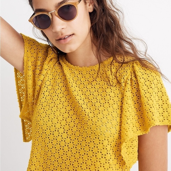 Madewell Texture & Thread Eyelet Flutter-Sleeve Top in Yellow Size Small - Picture 2 of 8